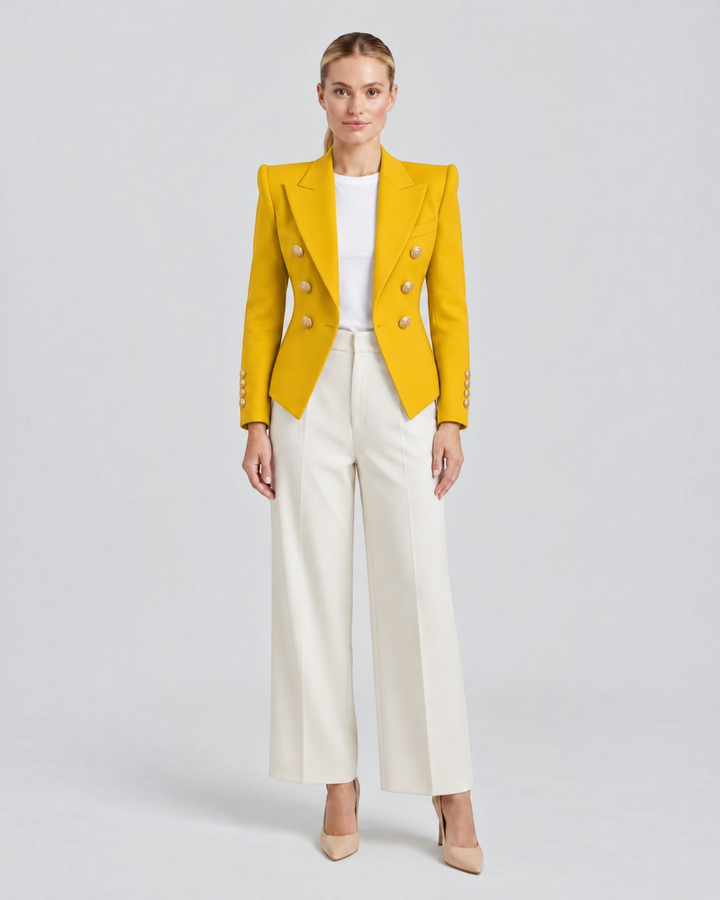 Luna Moda Paolina structured mustard yellow blazer with gold decorative buttons worn by a model with white trousers
