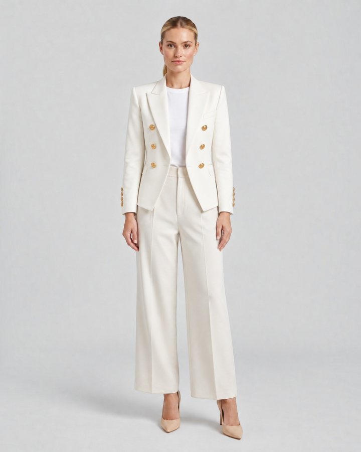 Luna Moda Paolina structured white blazer with gold decorative buttons worn by a model with matching wide-leg trousers
