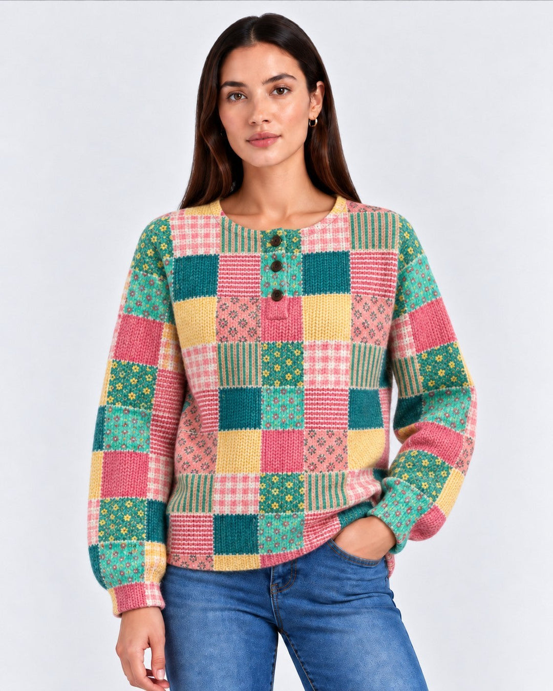 Dafne – Maglia Henley patchwork in blu | Luna Moda