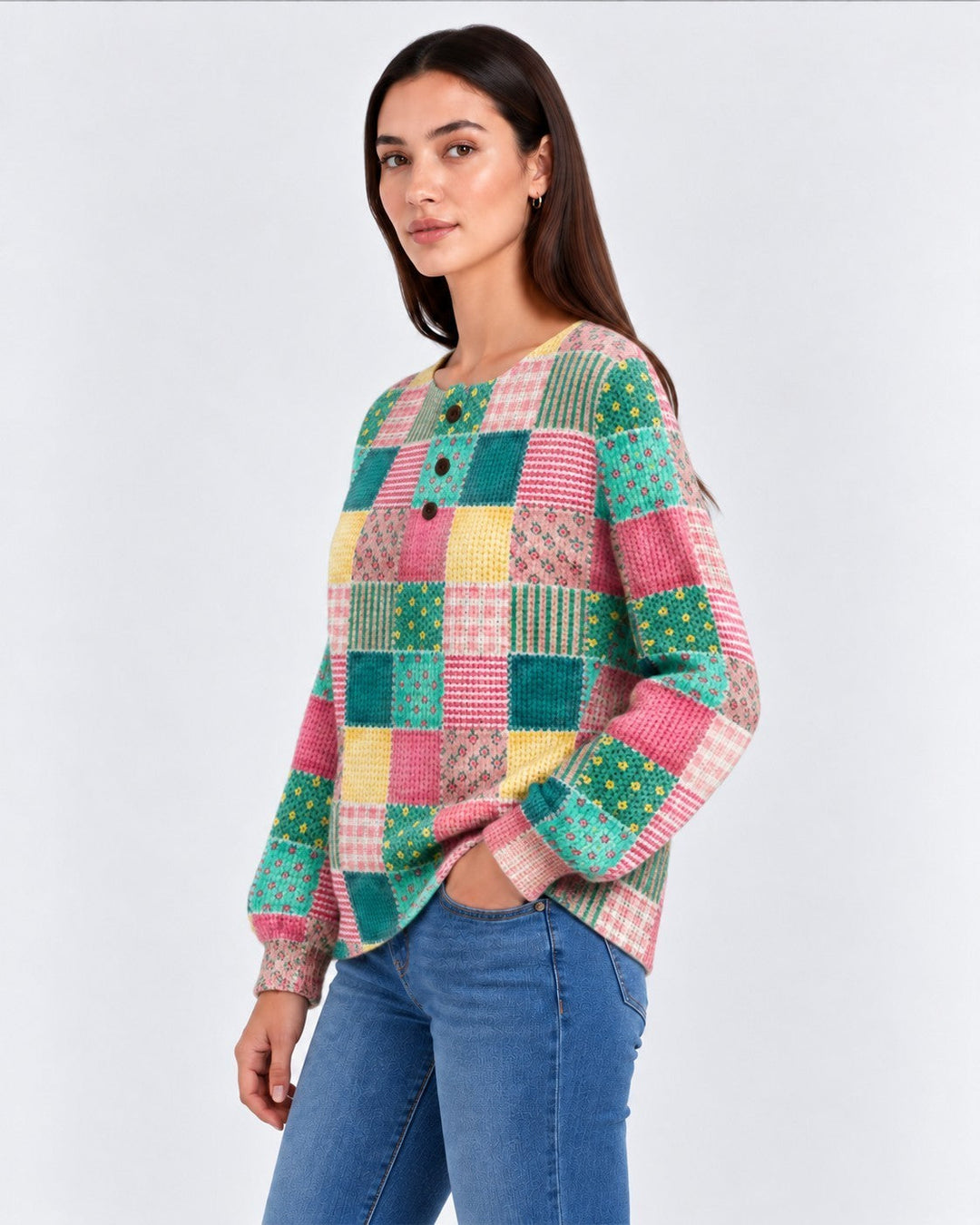 Dafne – Maglia Henley patchwork | Luna Moda
