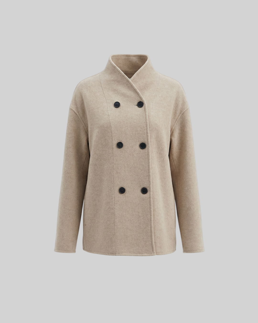 Luna Moda Patrizia beige oversized jacket with double-breasted black buttons and a soft textured finish.