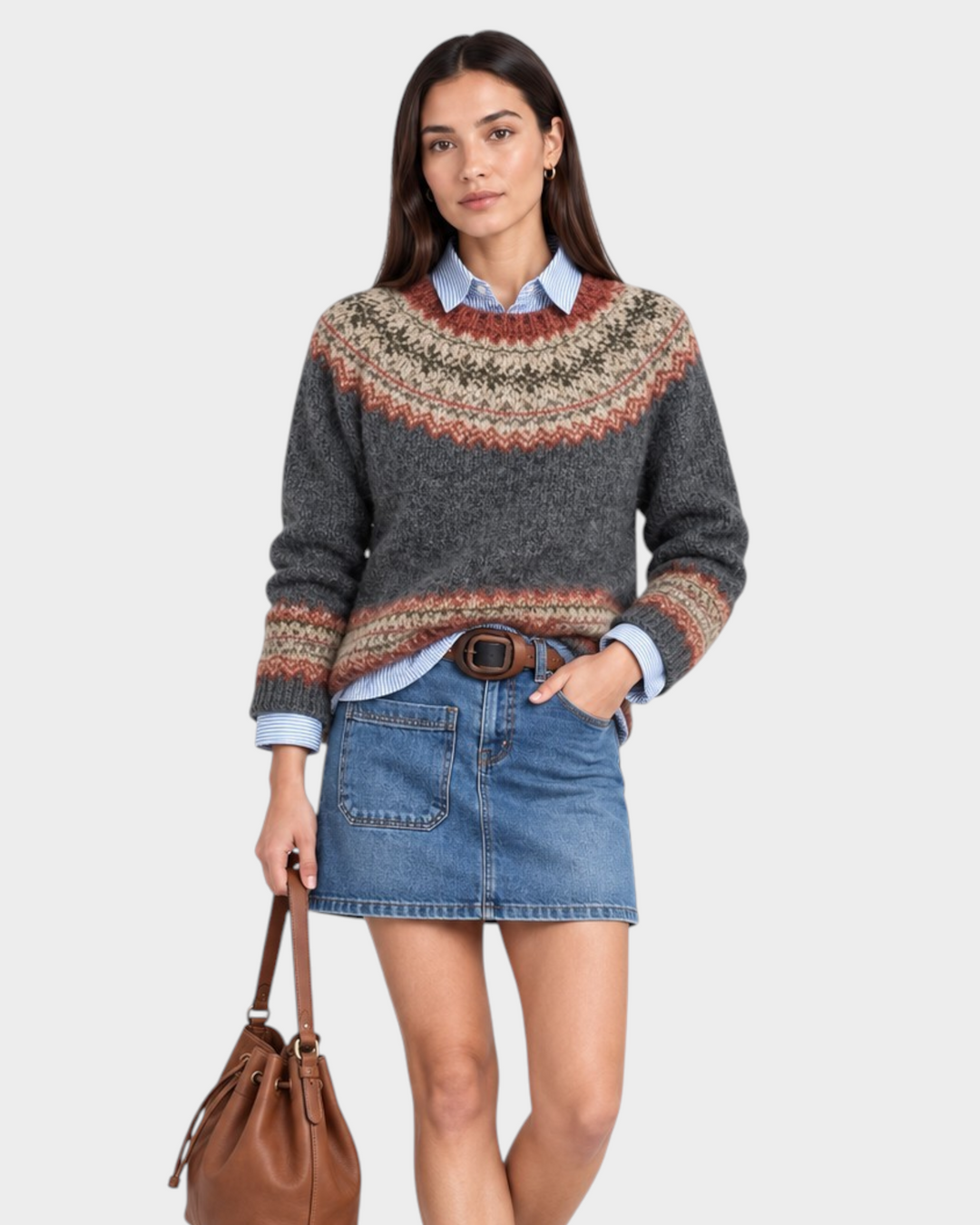 Luna Moda Patrizia sweater with earthy Fair Isle yoke pattern, worn over a blue shirt and denim skirt with brown boots