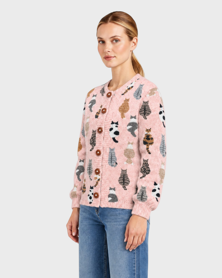 Sofia – Cardigan con stampa gatti in rosa | Luna Moda