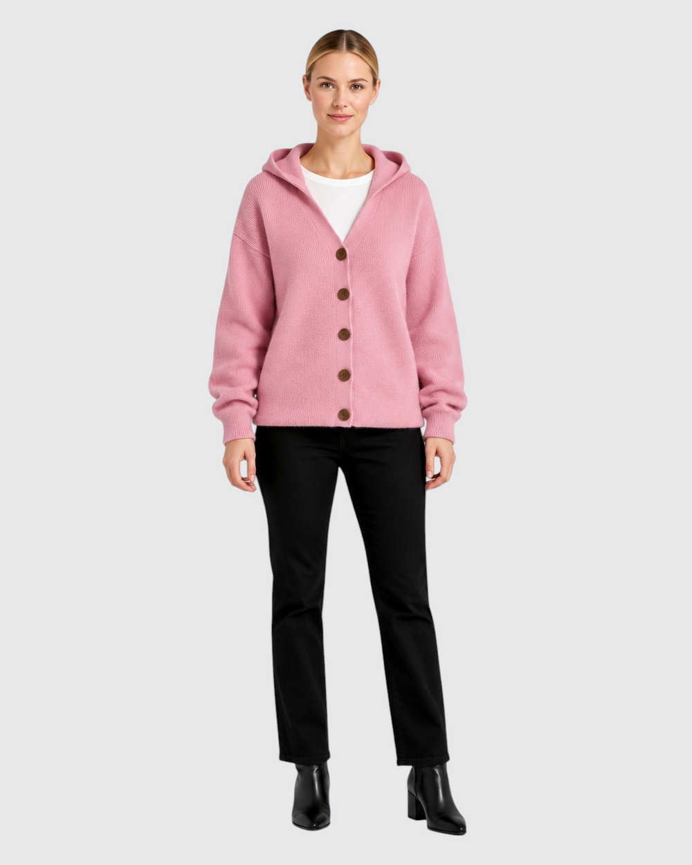 Luna Moda Diana pink cotton hooded cardigan with front buttons worn by a model with black trousers