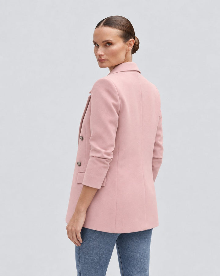 Luna Moda pink oversized blazer worn by a woman, featuring a double-breasted design and tailored fit.