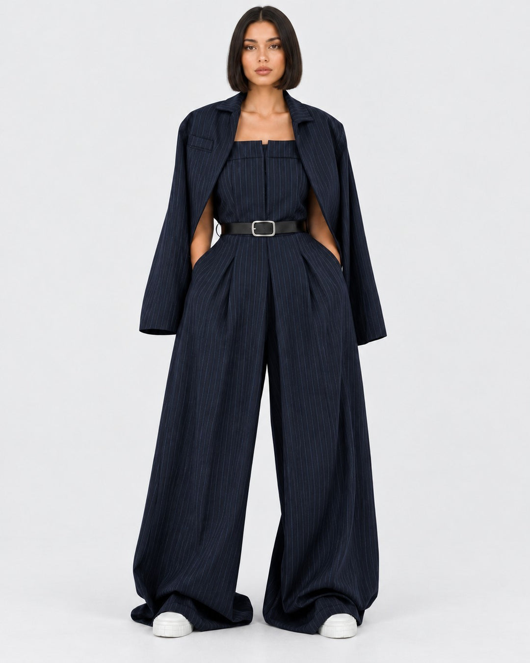 Luna Moda Maria pinstripe suit featuring a bustier, blazer, and wide-leg trousers with a black waist belt