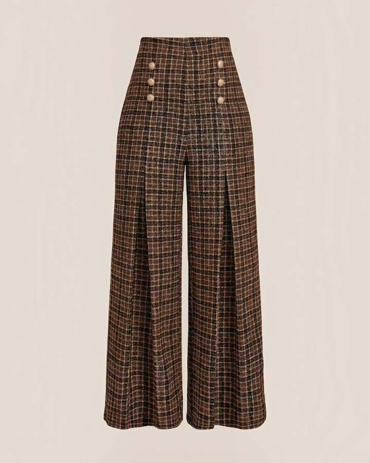 Luna Moda high-waisted palazzo trousers in brown plaid fabric with decorative gold buttons and wide-leg fit.