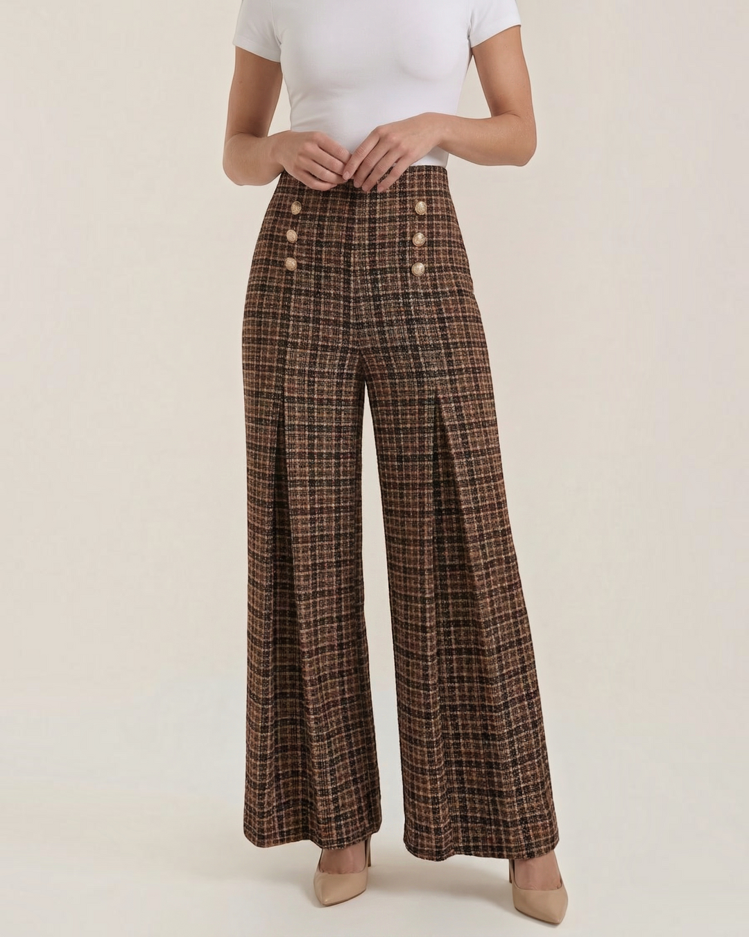 Luna Moda high-waisted palazzo trousers in brown plaid with gold button details and wide-leg fit