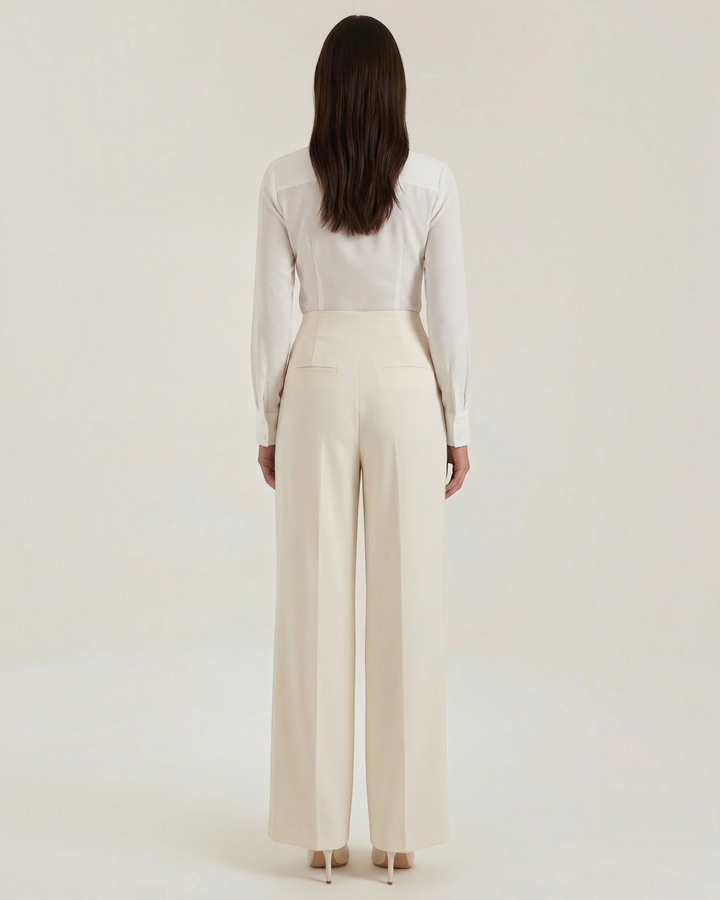 Luna Moda ivory crepe palazzo trousers with a high-waisted tailored fit, shown from the back on a model.