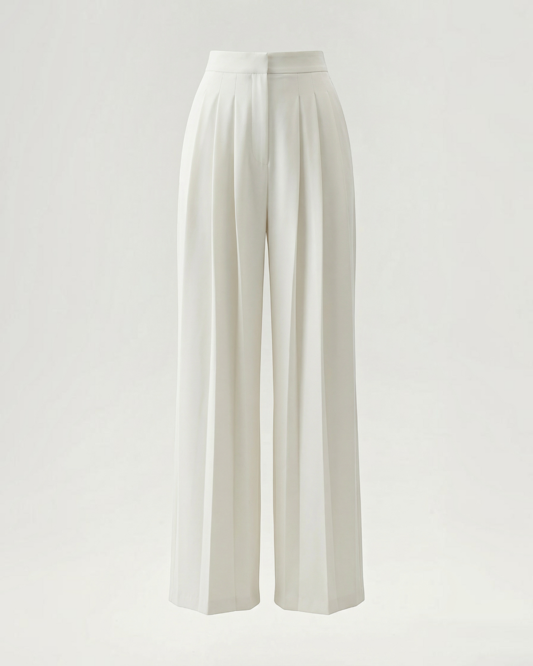 Luna Moda ivory crepe palazzo trousers with meticulous pleats and a wide-leg tailored silhouette.