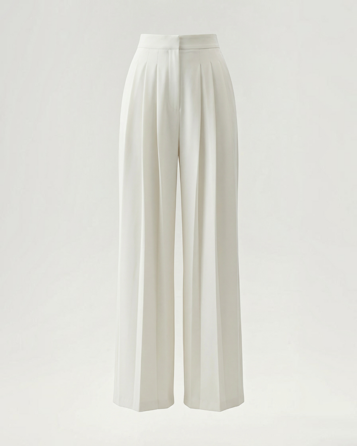 Luna Moda ivory crepe palazzo trousers with meticulous pleats and a wide-leg tailored silhouette.