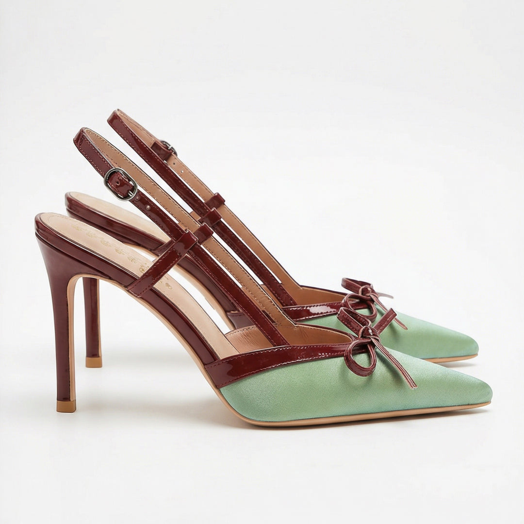 Luna Moda REBECCA pointed-toe satin pumps in sage green and burgundy with a T-strap, bow detail, and stiletto heel.