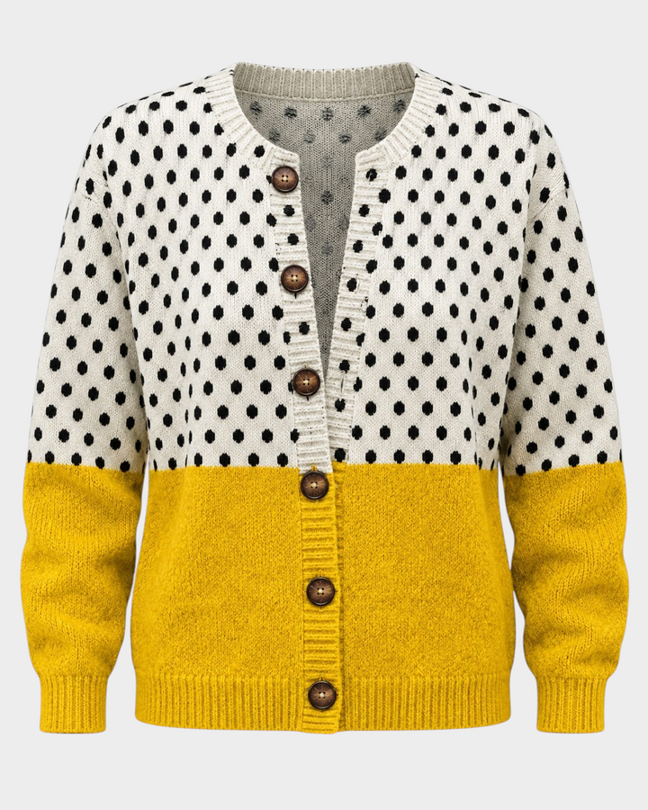 Luna Moda Angelica knit cardigan with cream polka dot top, mustard yellow bottom, and wooden buttons.