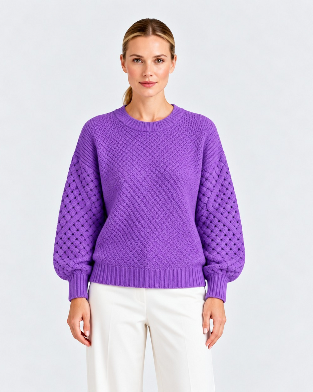 Luna Moda purple crew neck sweater with textured cable knit sleeves and ribbed body worn by a woman