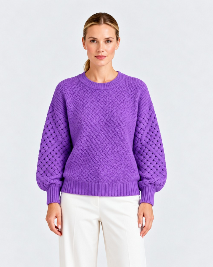Luna Moda purple crew neck sweater with textured cable knit sleeves and ribbed body worn by a woman