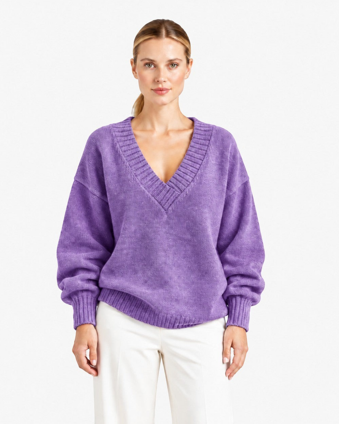 Luna Moda Nadia purple relaxed fit cashmere blend sweater with a deep V-neck and long sleeves on a model