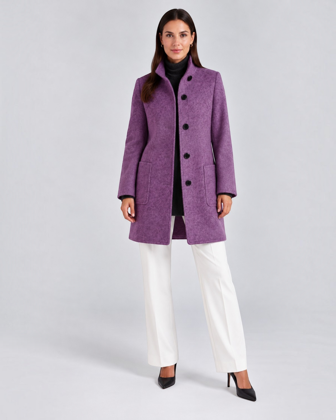 Luna Moda NELLA purple high-neck wool-blend coat worn by a model with white trousers and black heels