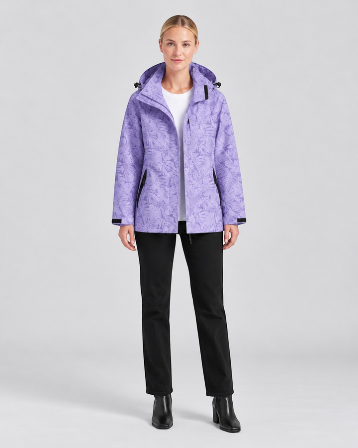 Luna Moda lightweight waterproof hooded jacket in purple with a tropical leaf print worn by a model