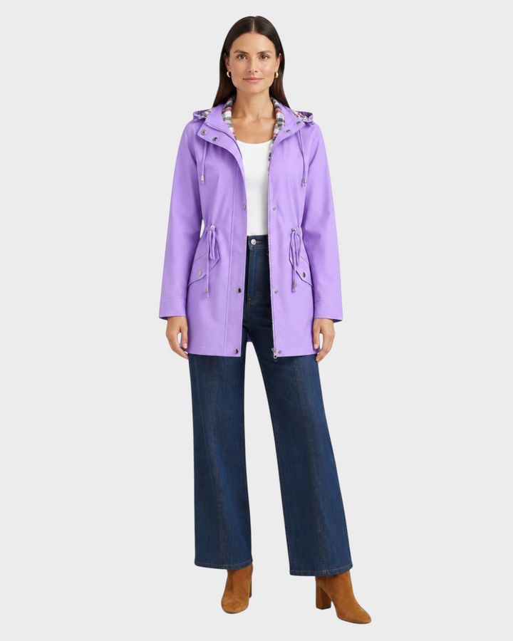 Luna Moda waterproof purple hooded jacket with adjustable waist and plaid lining worn by a woman
