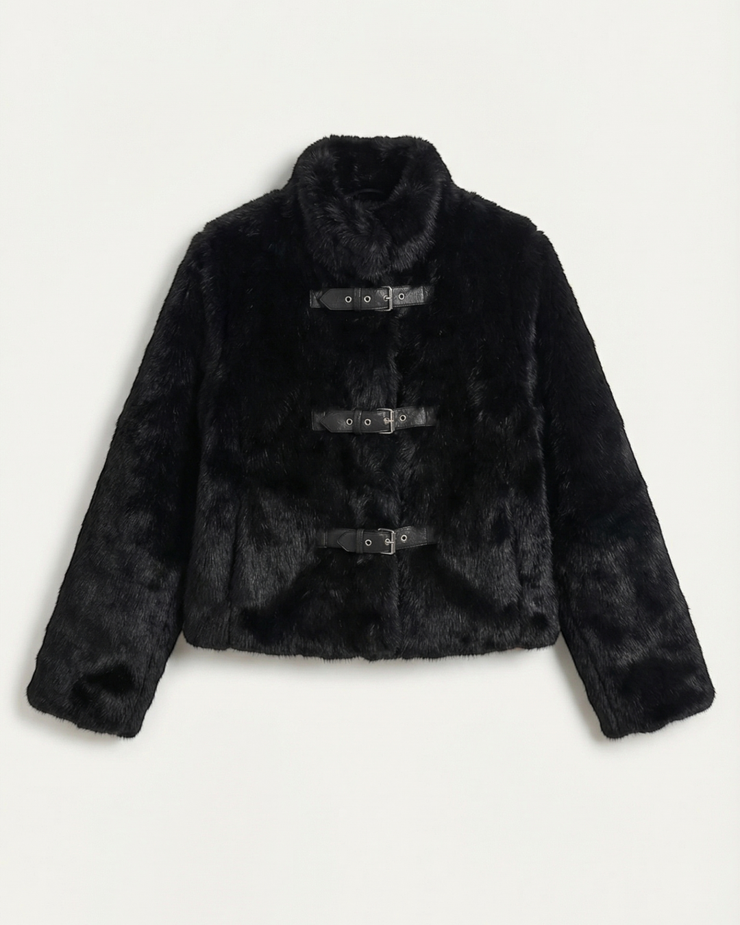 Luna Moda black cropped faux fur jacket with three leather buckle closures and a luxurious soft texture.