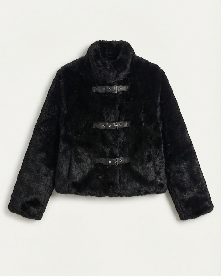 Luna Moda black cropped faux fur jacket with three leather buckle closures and a luxurious soft texture.