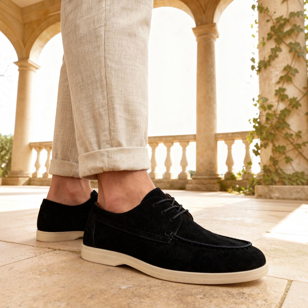 Luna Moda RAUL black premium suede lace-up shoes with a lightweight white sole worn with beige linen trousers