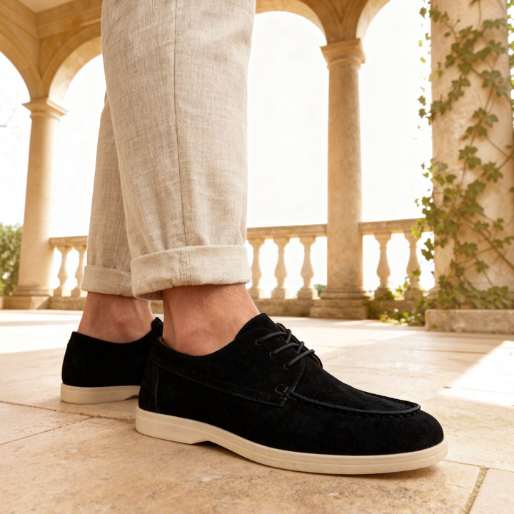 Luna Moda RAUL black premium suede lace-up shoes with a lightweight white sole worn with beige linen trousers