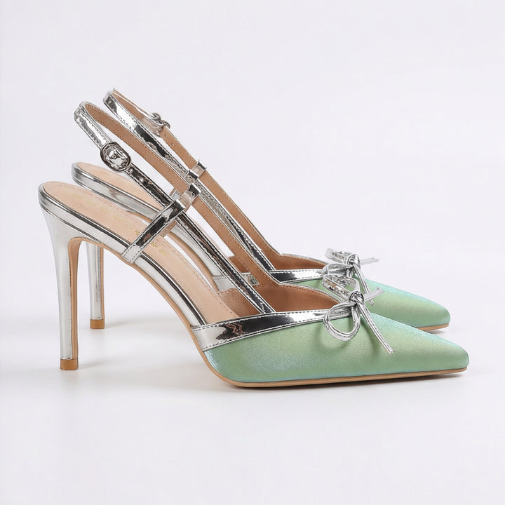 Luna Moda REBECCA pointed-toe satin pumps in sage green with silver metallic trim, T-strap, and delicate bow detail.