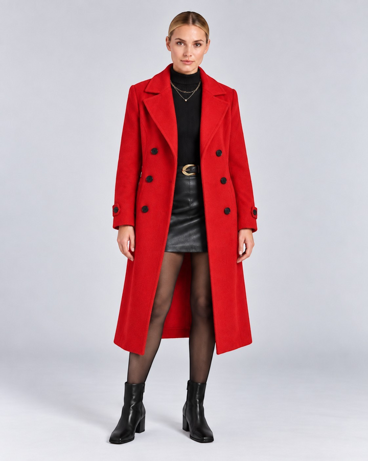Luna Moda red double-breasted long wool coat worn by a model with a black turtleneck and leather skirt