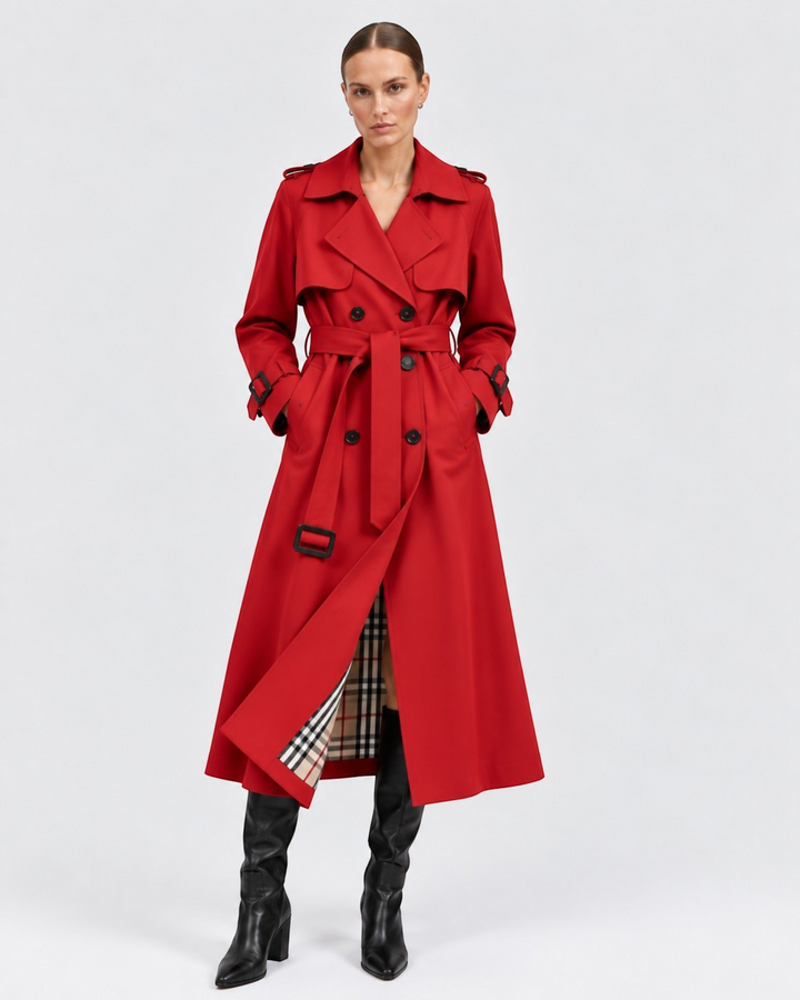 Luna Moda red double-breasted trench coat with a belted waist and plaid lining worn by a model in black boots