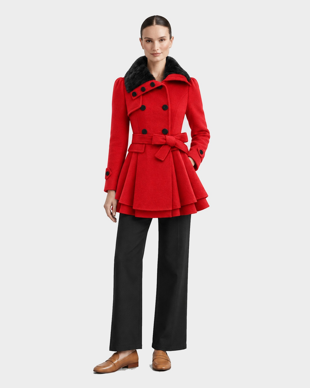Luna Moda red flared wool coat with belted waist, black faux fur collar, and double-breasted buttons on a model.