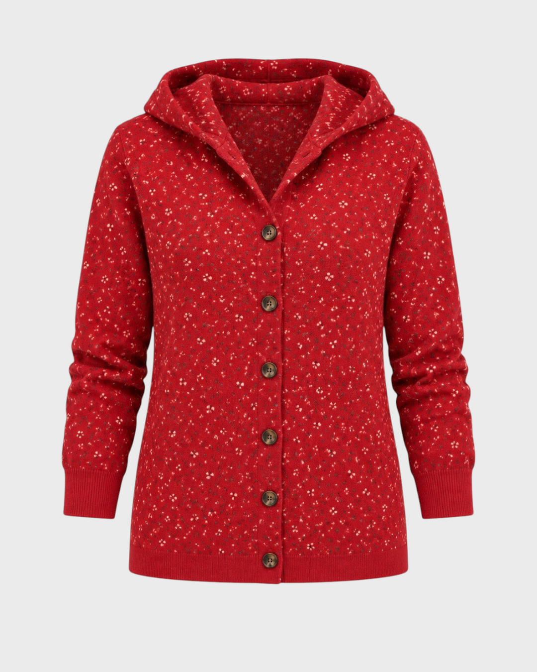 Luna Moda red knit cardigan with a hood and small white floral pattern, featuring a button-down front.