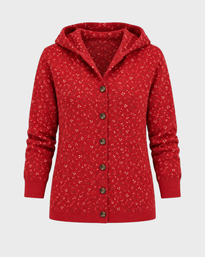 Luna Moda red knit cardigan with a hood and small white floral pattern, featuring a button-down front.
