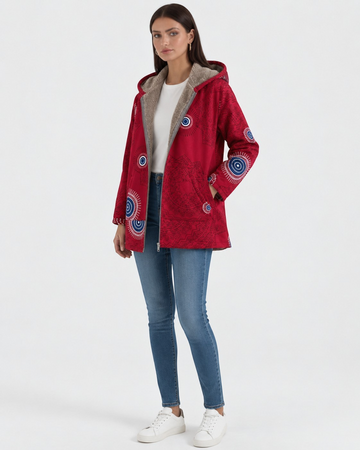Luna Moda red hooded jacket with geometric boho patterns and soft sherpa lining worn by a model