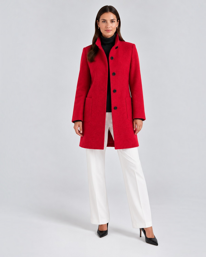 Luna Moda NELLA red high-neck wool-blend coat worn by a model with white trousers and black heels