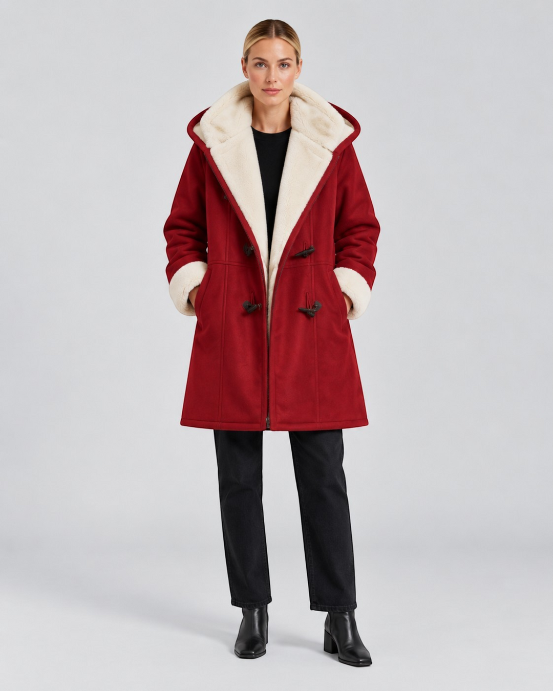 Luna Moda Antonia red hooded winter coat with cream faux shearling lining and toggle closures on a female model