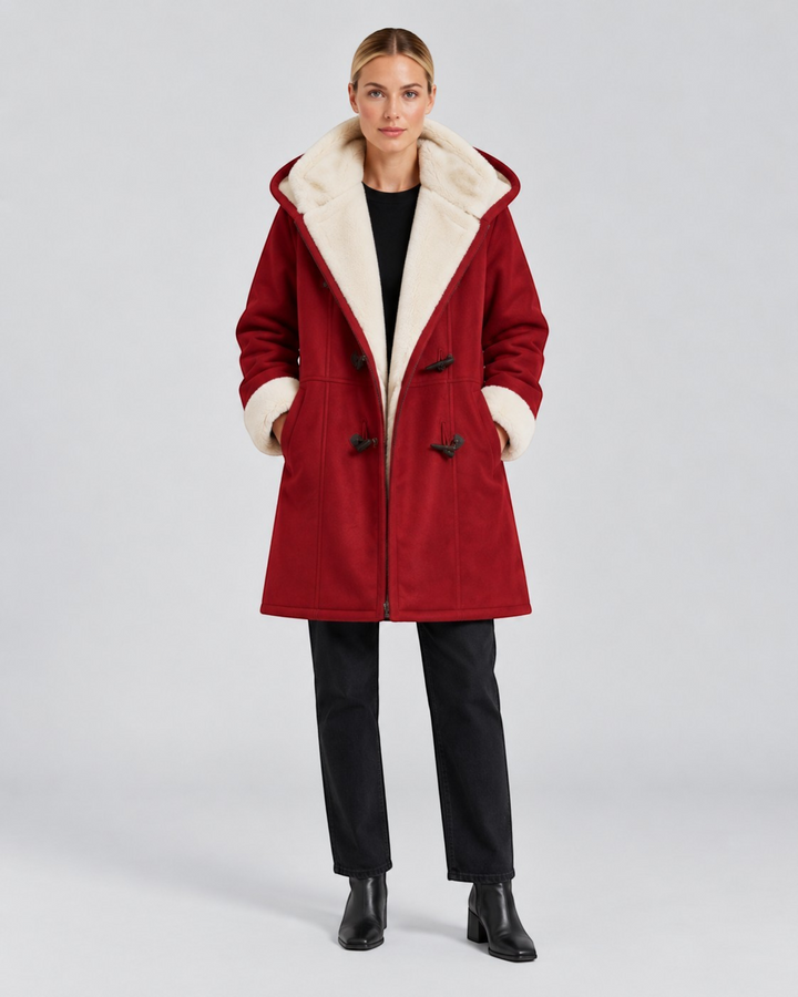 Luna Moda Antonia red hooded winter coat with cream faux shearling lining and toggle closures on a female model