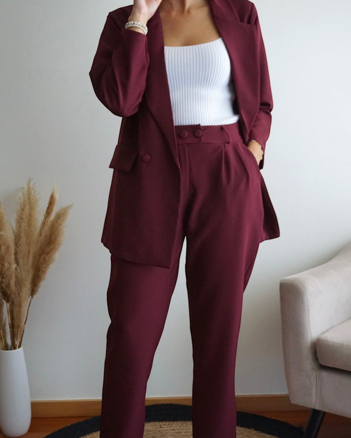 Luna Moda Cornelia oversize wine red suit with fluid trousers and buttoned blazer worn over a white ribbed top