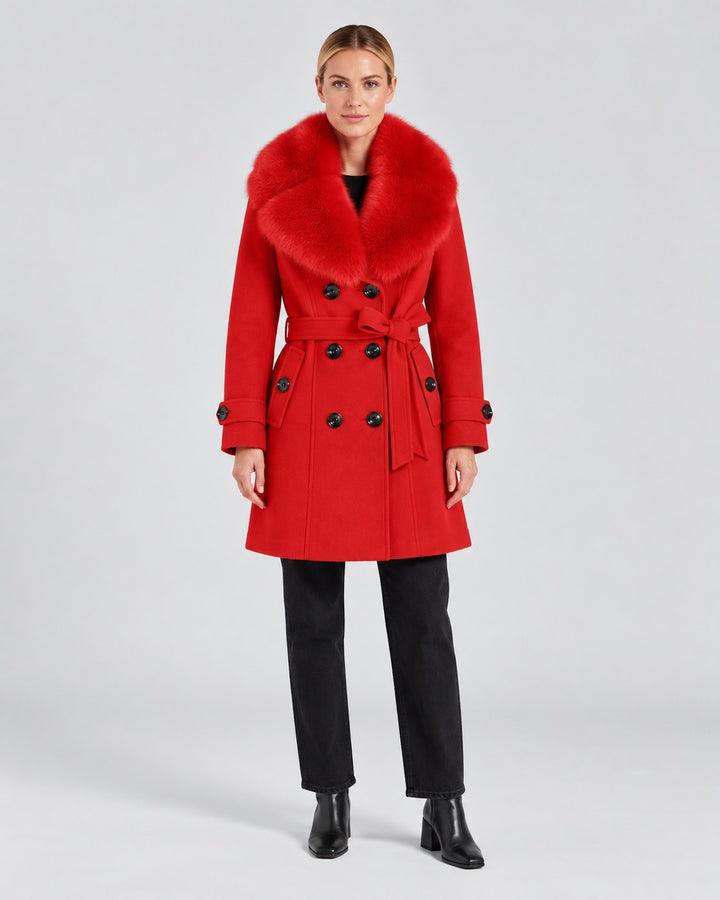 Luna Moda red short tailored winter coat with a plush faux fur collar and double-breasted button closure