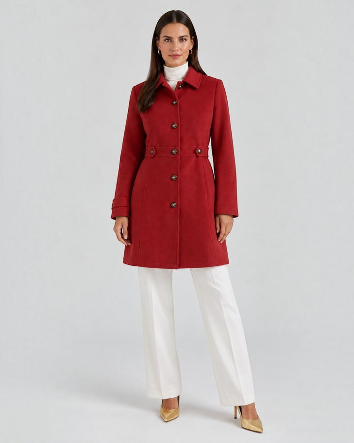 Luna Moda red short wool-blend coat with button closure and a relaxed fit worn over white trousers