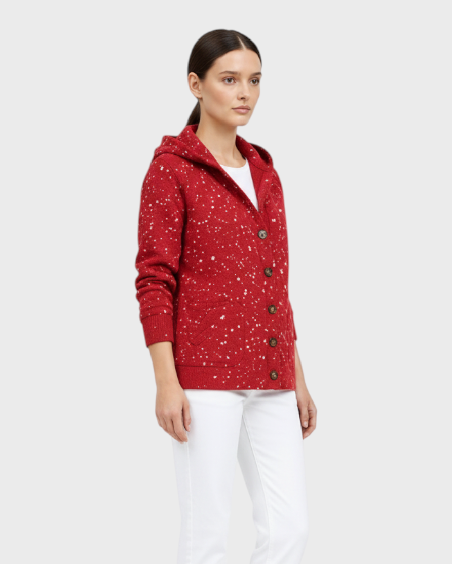 Luna Moda red knit cardigan with hood and subtle white speckled pattern.