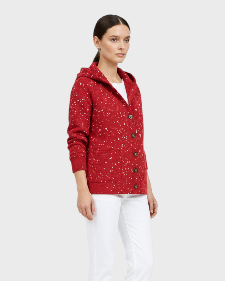 Luna Moda red knit cardigan with hood and subtle white speckled pattern.