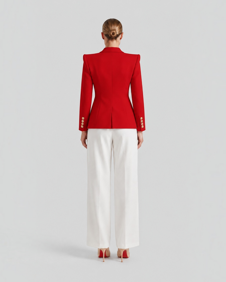 Luna Moda Paolina red structured blazer with gold decorative buttons worn with white trousers, back view
