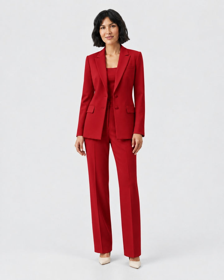 Luna Moda Olivia red structured blazer and tailored trouser suit worn by a model for a sophisticated professional look
