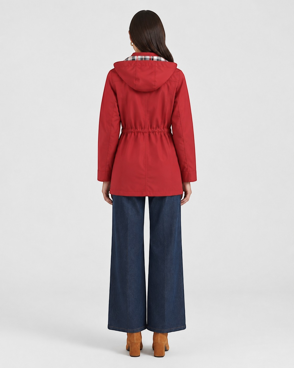 Luna Moda red waterproof hooded jacket with adjustable waist and plaid lining, back view on a model