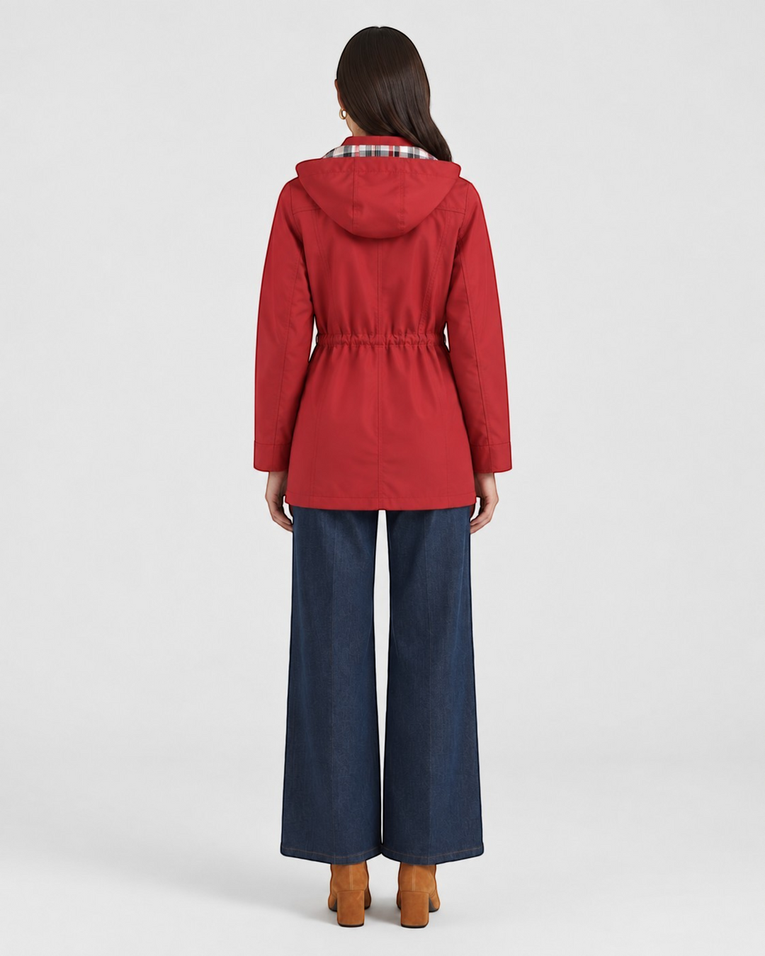 Luna Moda red waterproof hooded jacket with adjustable waist and plaid lining, back view on a model