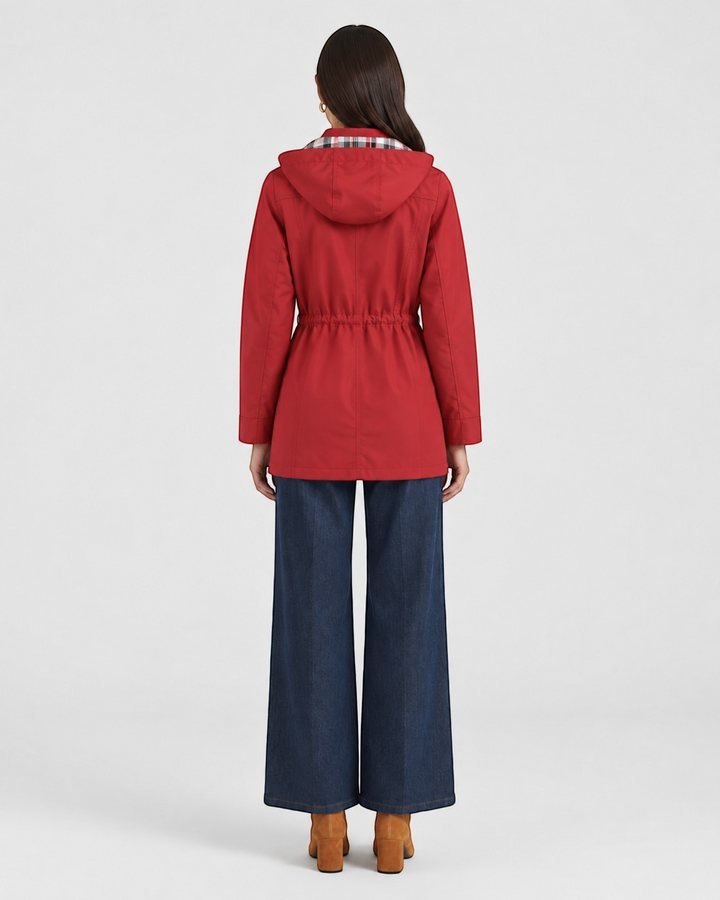 Luna Moda red waterproof hooded jacket with adjustable waist and plaid lining, back view on a model