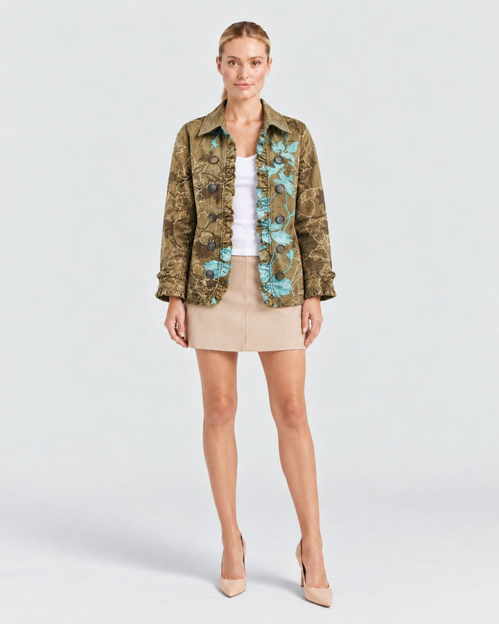 Luna Moda Renata vintage style floral jacket with lace trim, button front, and breathable fabric on a model