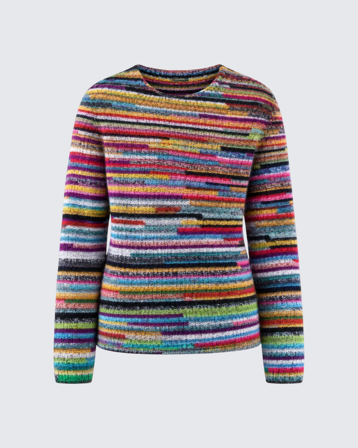 Luna Moda Daniela retro striped sweater featuring a vibrant multi-colored knit pattern and comfortable crew neck.