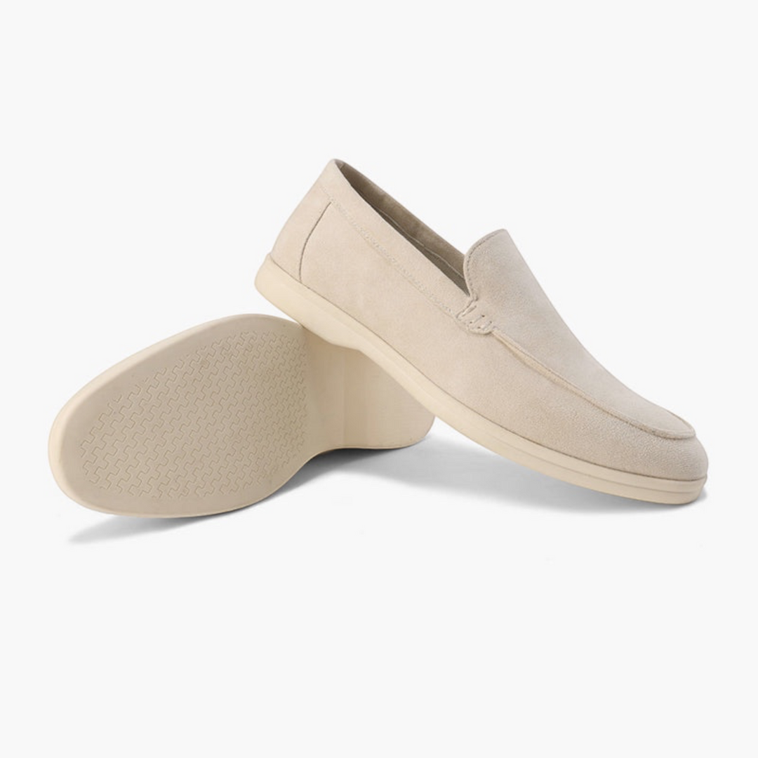 Luna Moda Romeo beige suede loafers with supportive inner sole and detailed stitching on a white background
